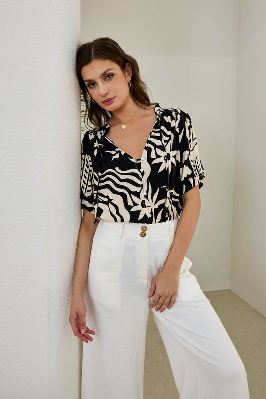 Cali Black Abstract Puff Sleeve Top