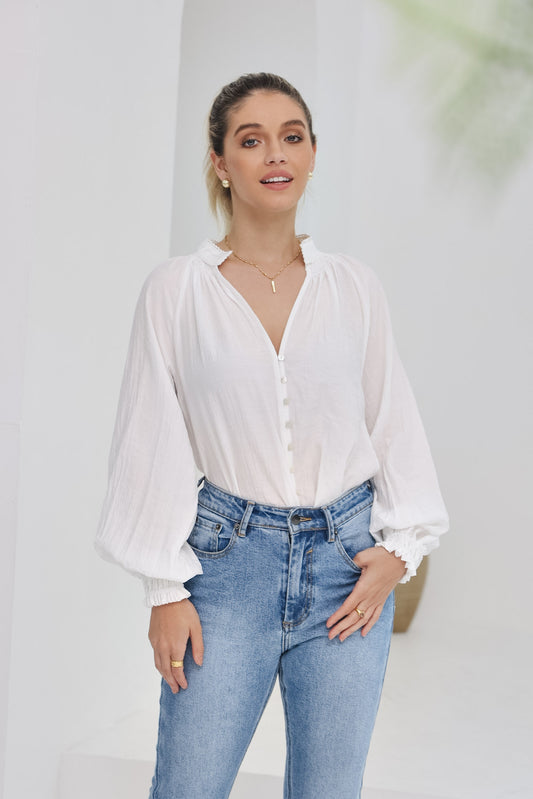 Erisa White Balloon Sleeve Blouse