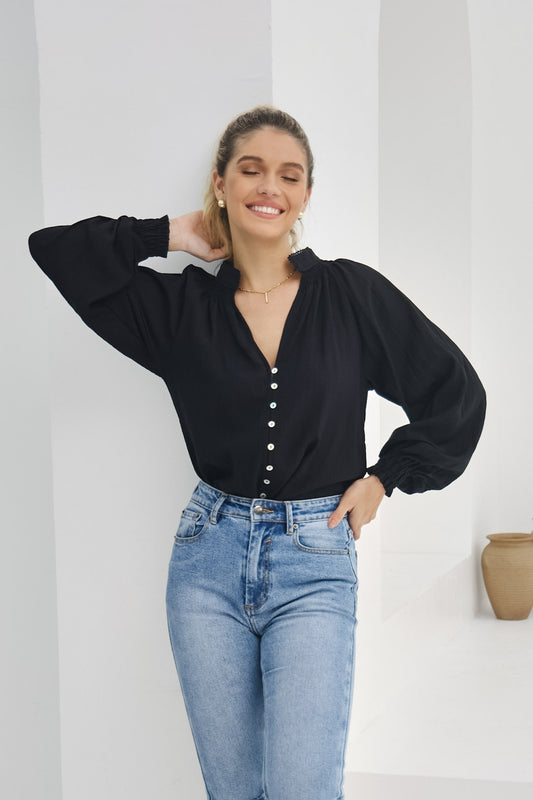 Erisa Black Balloon Sleeve Blouse