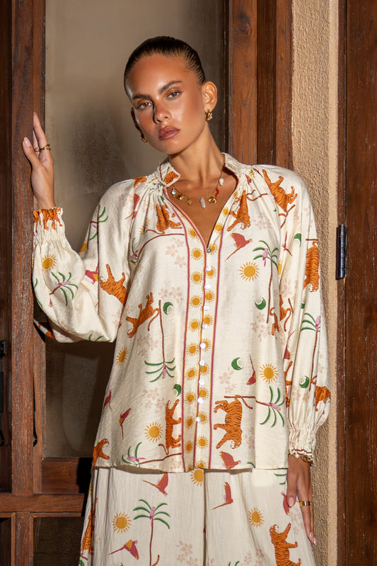 Kaya Orange Tiger Abstract Balloon Sleeve Blouse