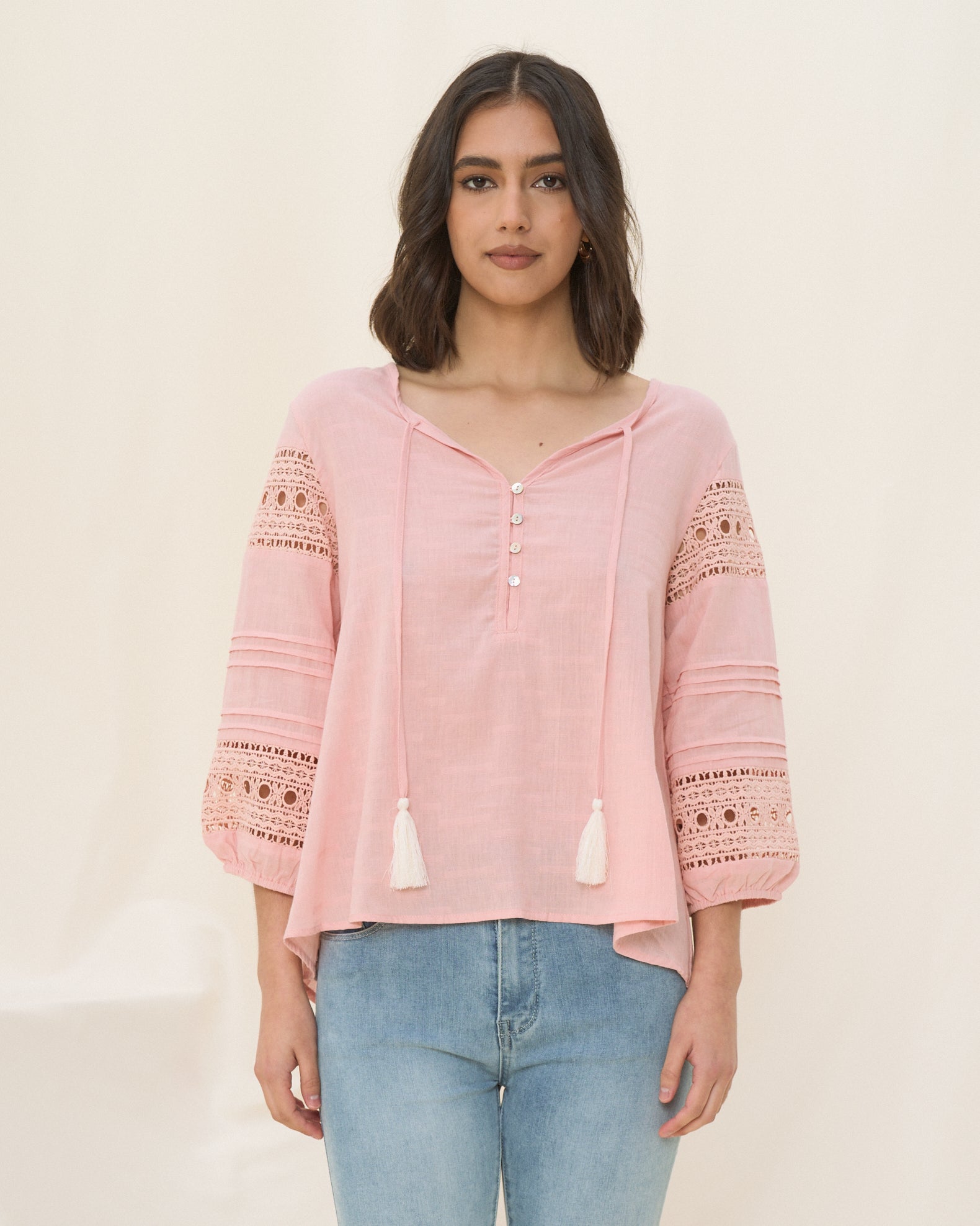 Devin Pink Button Down Lace Sleeve Top