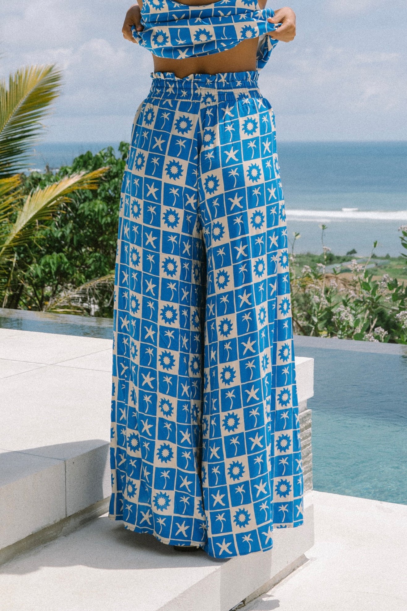 Oliana Blue Tropical Tile Wide Leg Pants