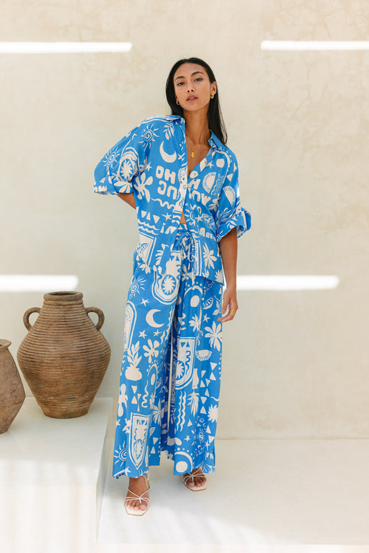 Soquila Blue Tropical Wide Leg Cropped Pants
