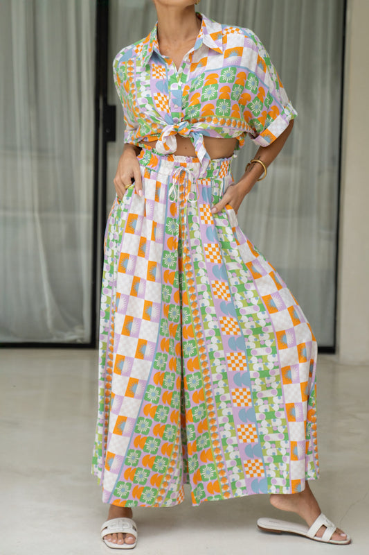 Annelie Multicolour Abstract Tile Wide Leg Cropped Pants