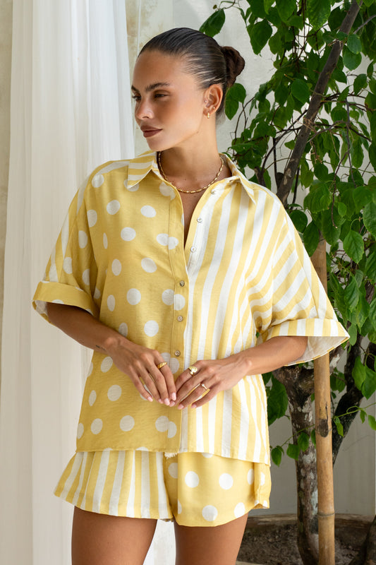 Indie Yellow Stripe Polka Dot Shirt