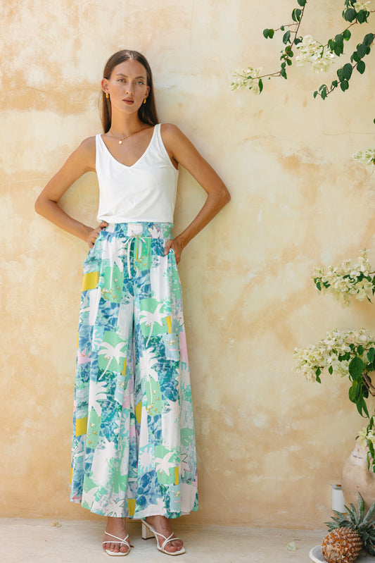 Maeve Aqua Blue Green Abstract Wide Leg Pants