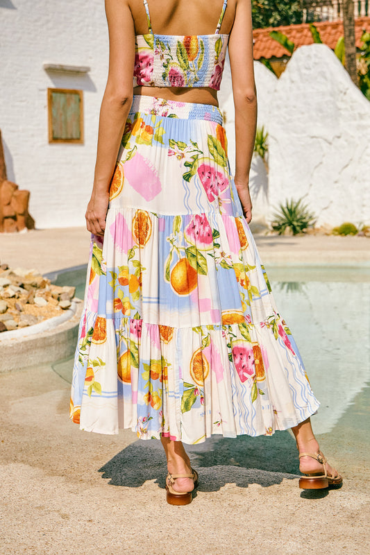 Tutti Blue Tropical Tiered Maxi Skirt