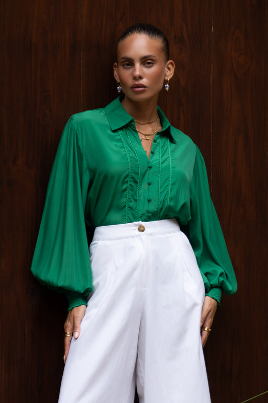 Rochelle Green Cupro Balloon Sleeve Blouse