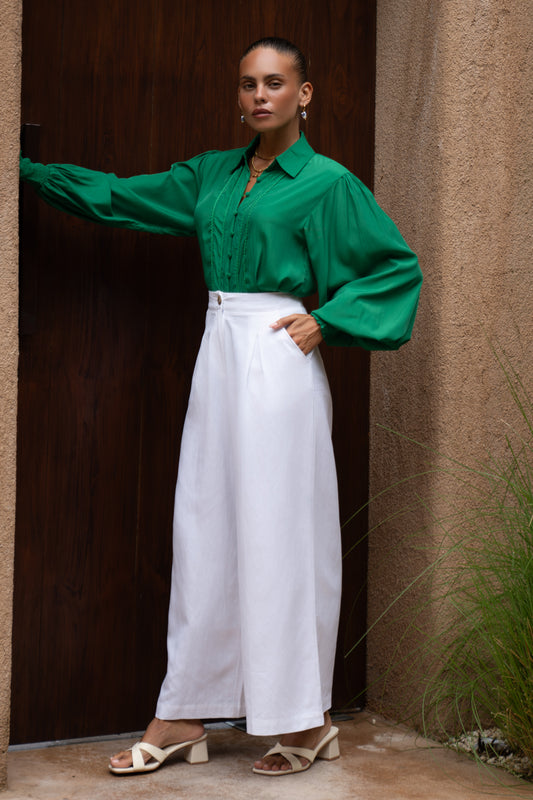 Rochelle Green Cupro Balloon Sleeve Blouse