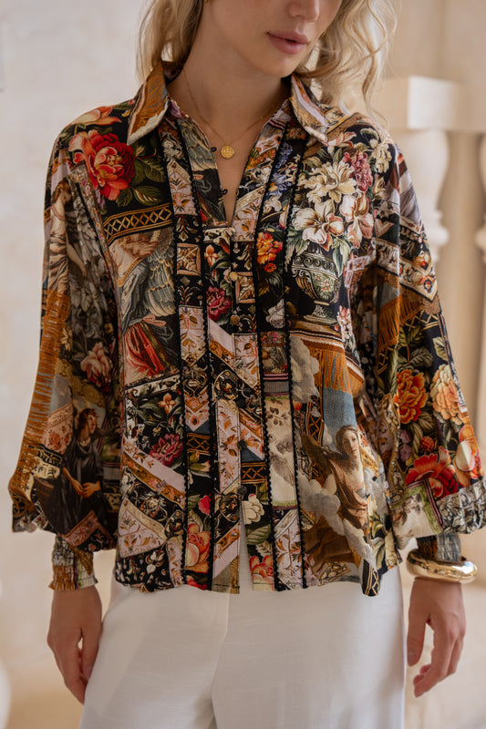 Alessia Black Abstract Balloon Sleeve Blouse