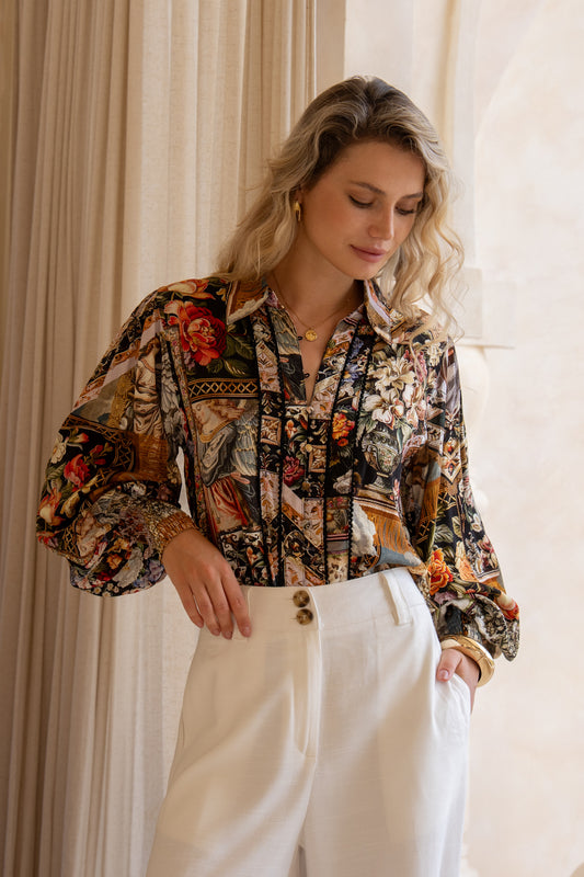 Alessia Black Abstract Balloon Sleeve Blouse