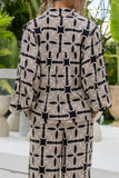 Soraya Black Beige Abstract Balloon Sleeve Blouse