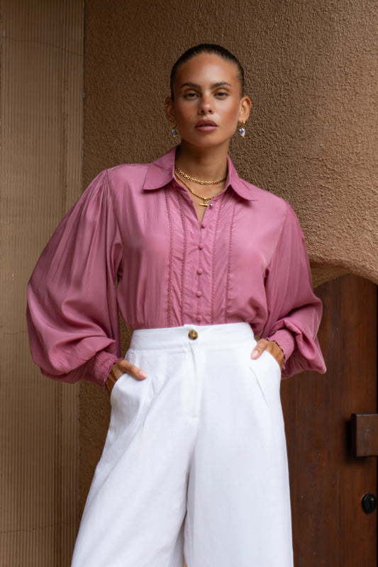 Rochelle Berry Pink Cupro Balloon Sleeve Blouse
