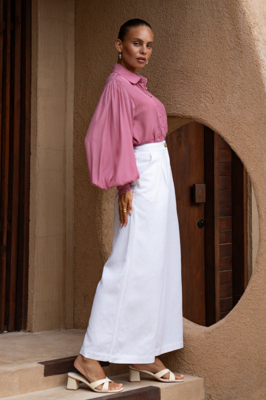 Rochelle Berry Pink Cupro Balloon Sleeve Blouse