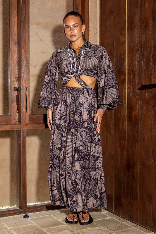 Dusk Brown Mauve Tropical Maxi Skirt