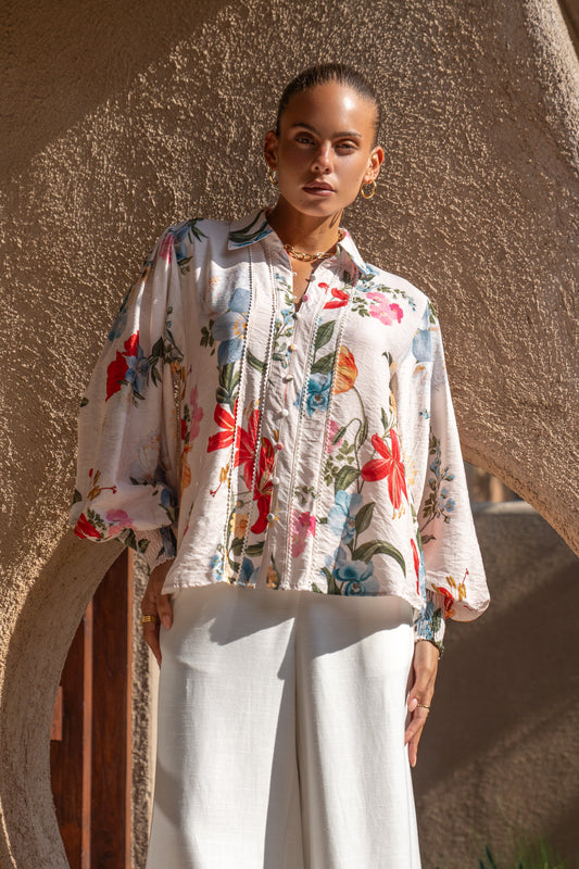 Joyce Multicolour Floral Balloon Sleeve Collared Blouse