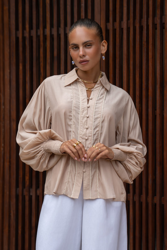 Rochelle Beige Cupro Balloon Sleeve Blouse