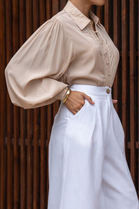 Rochelle Beige Cupro Balloon Sleeve Blouse