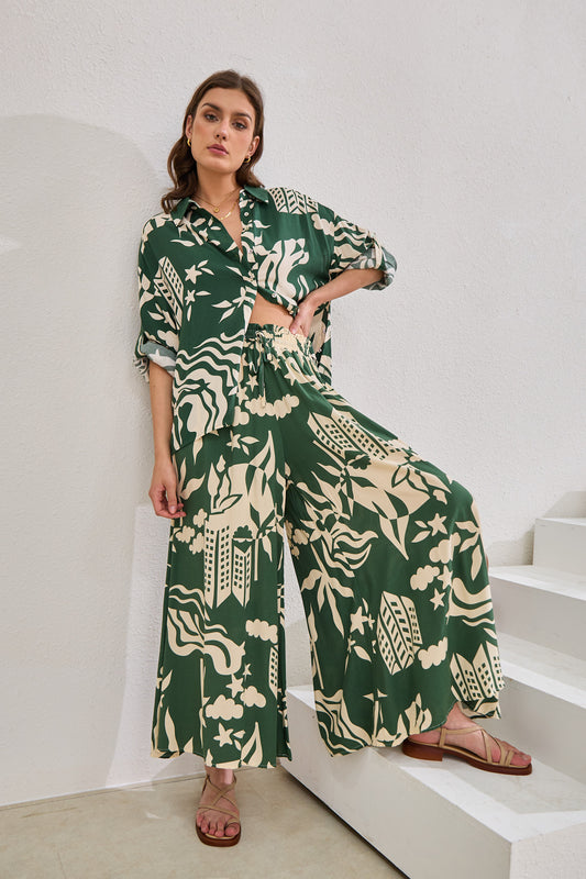 Cali Green Abstract Wide Leg Cropped Pants