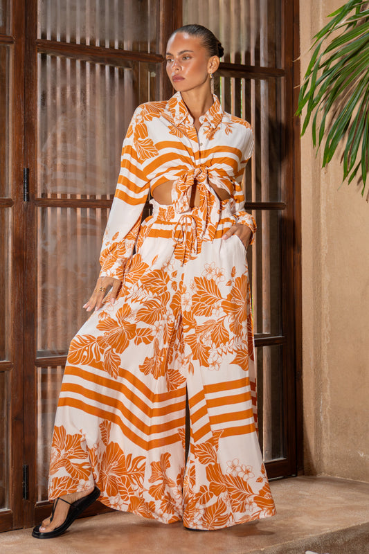 Tierra Rust Orange Tropical Long Sleeve Shirt