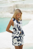 Morgana Beige Navy Floral Tailored Gold Button Vest