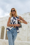Morgana Beige Navy Floral Tailored Gold Button Vest