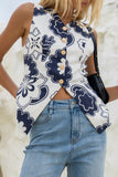 Morgana Beige Navy Floral Tailored Gold Button Vest