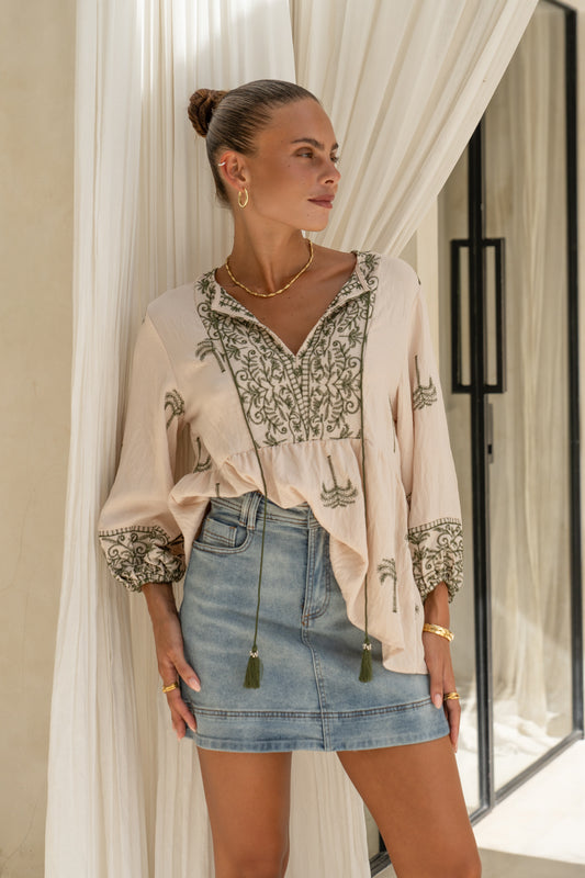 Kaena Green Tropical Embroidered Blouse