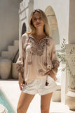 Kaena Brown Tropical Embroidered Blouse