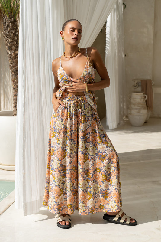 Aurelie Orange Blue Floral Wide Leg Cropped Pants
