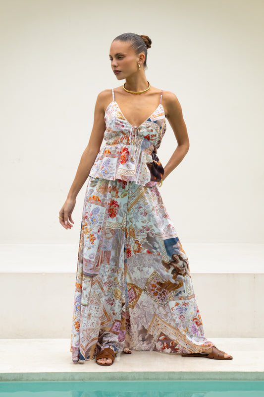 Kasia Beige Lilac Abstract Wide Leg Pants