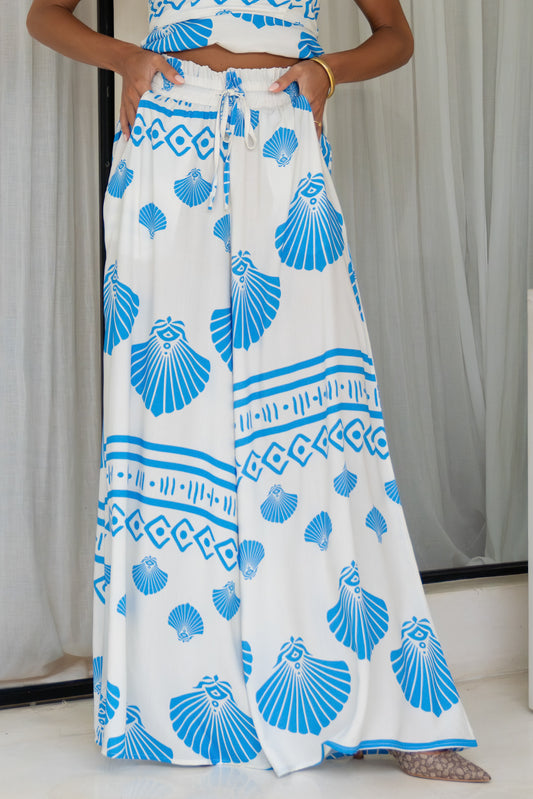 Shell Blue Abstract Wide Leg Pants
