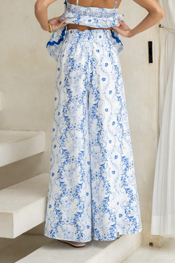 STRIPED FLORAL WIDE LEG PANT - BLUE/GREEN