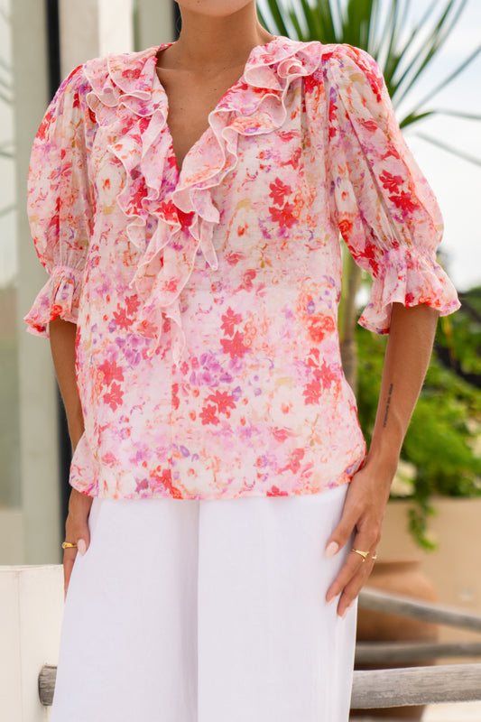 Florella Pink Floral Ruffle Blouse