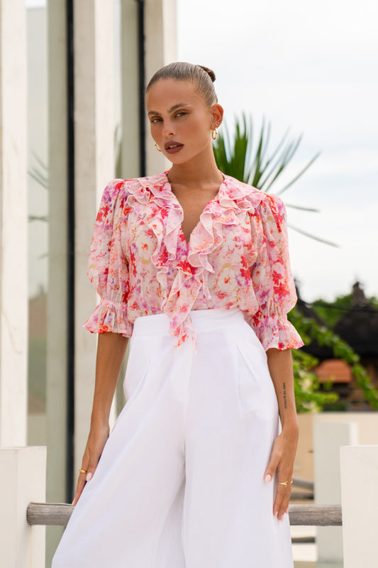 Florella Pink Floral Ruffle Blouse