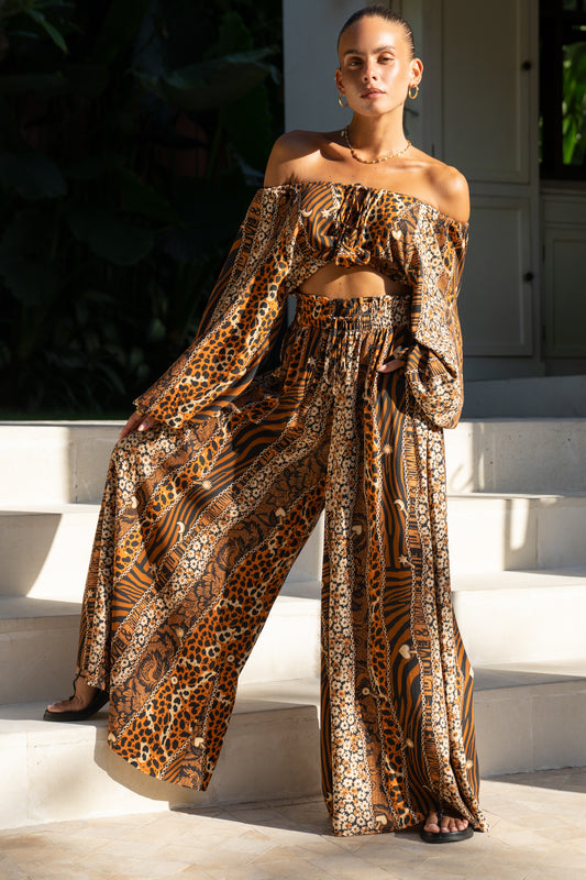 Malika Brown Leopard Wide Leg Pants