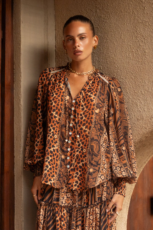 Malika Brown Leopard Balloon Sleeve Blouse