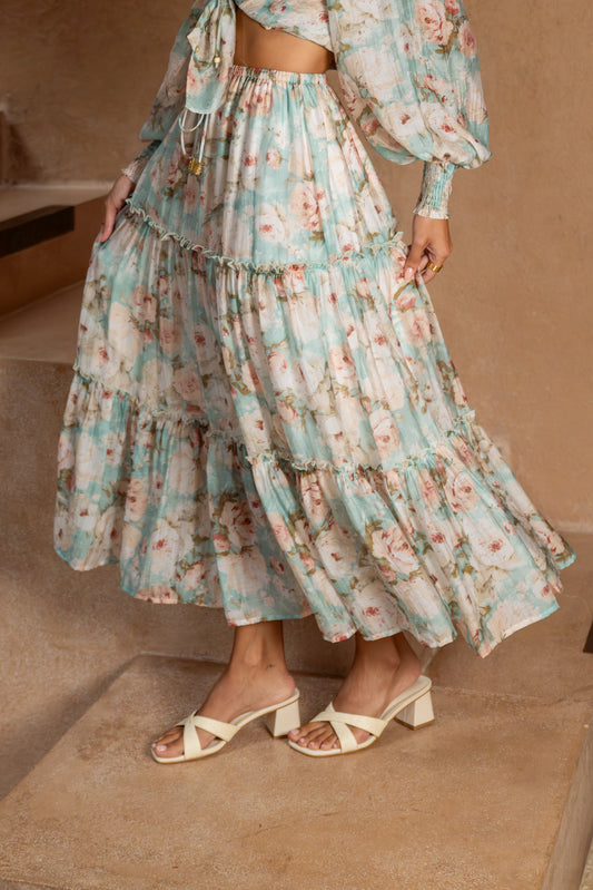 Rosalind Teal Blue Pink Floral Maxi Skirt