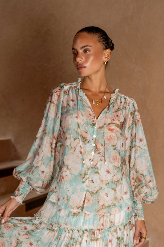 Rosalind Teal Blue Pink Floral Balloon Sleeve Blouse