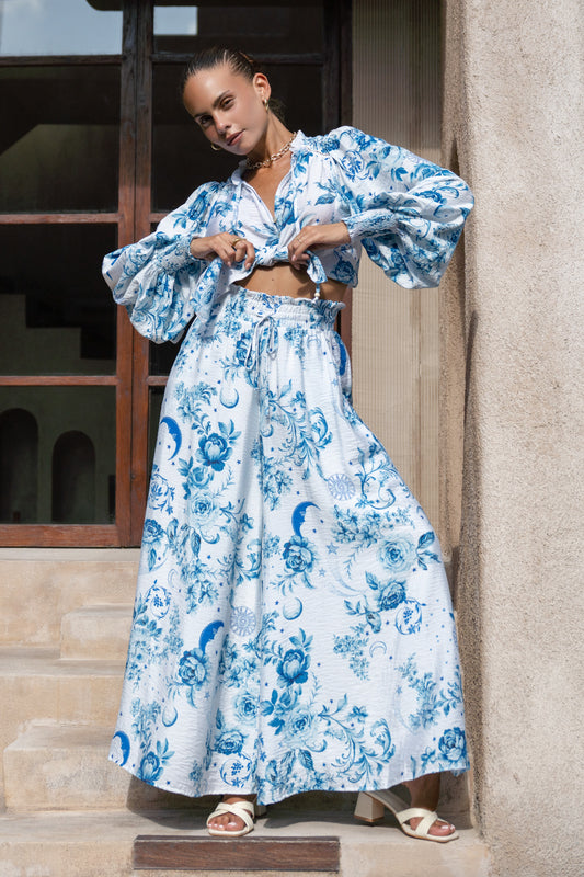 Lorellina Blue Floral Wide Leg Pants