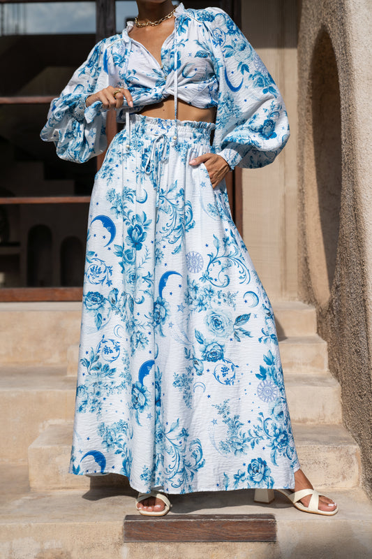 Lorellina Blue Floral Wide Leg Pants