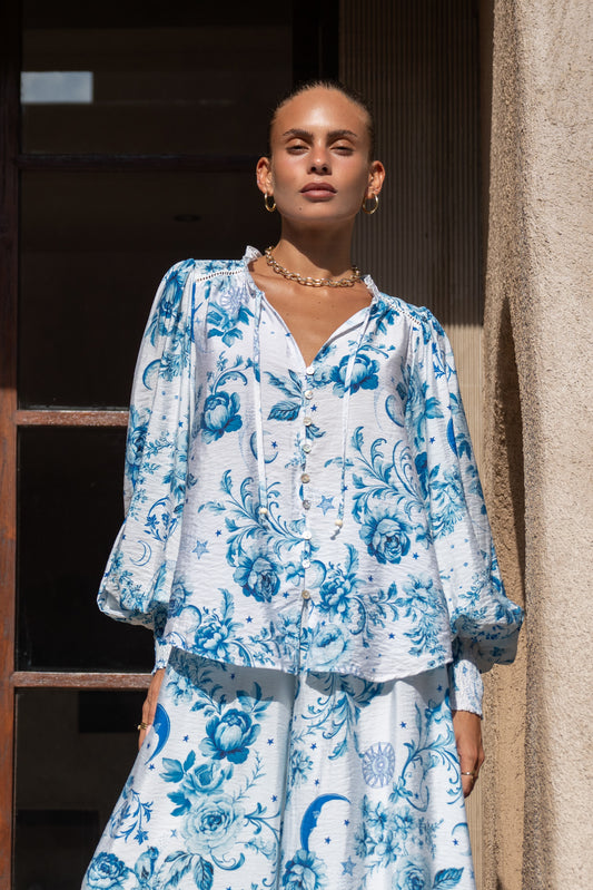 Lorellina Blue Floral Balloon Sleeve Blouse