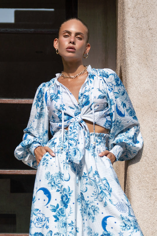 Lorellina Blue Floral Balloon Sleeve Blouse