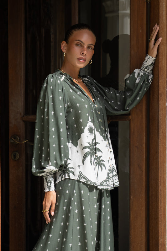 Arletta Green Tropical Balloon Sleeve Blouse