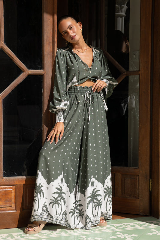 Arletta Green Tropical Wide Leg Pants