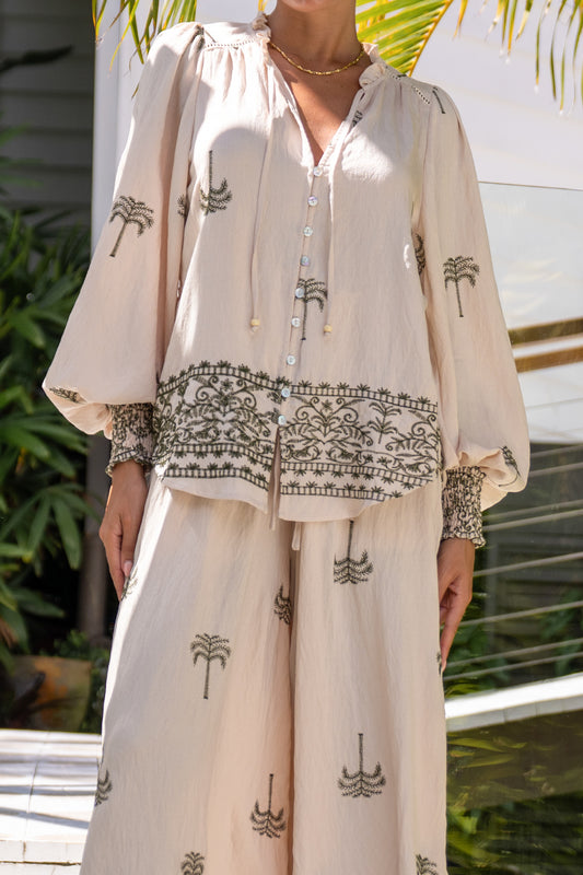 Kaena Beige Green Tropical Embroidered Balloon Sleeve Blouse