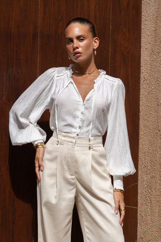 Freya White Balloon Sleeve Blouse
