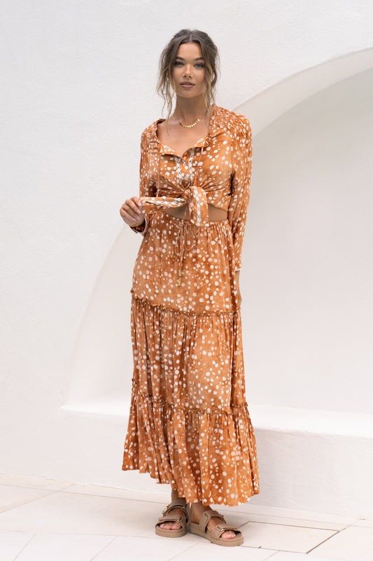 Lira Brown Spot Lace Trim Blouse