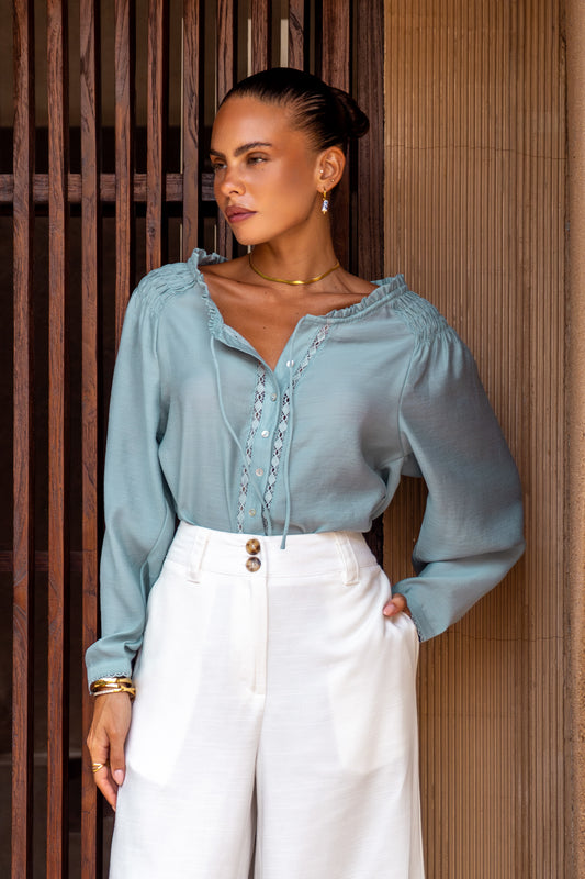Lena Light Teal Green Lace Trim Blouse