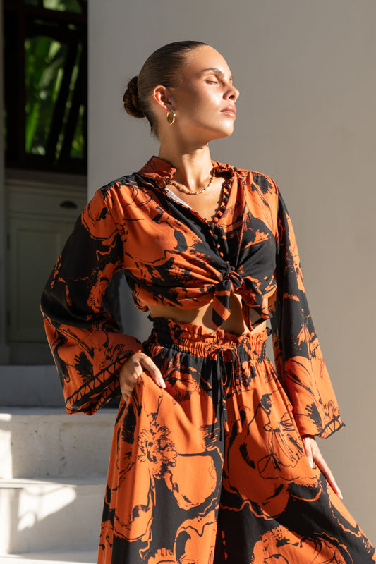 Rinata Brown Floral Balloon Sleeve Blouse